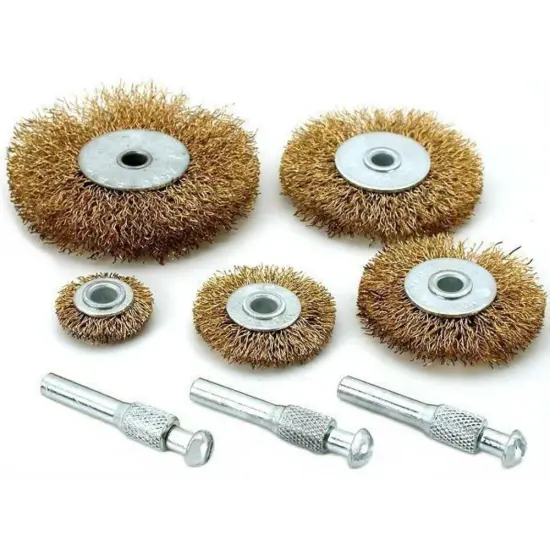 5 New Brass Plated Steel Wheel Brushes & 3 Mandrels {1}