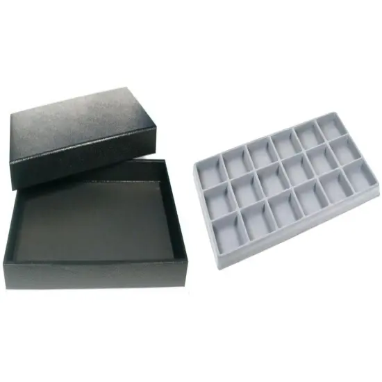 Black Jewelry Display Case (Removable Magnetic Lid) w/ Gray 18-slot Plastic Tray {1}