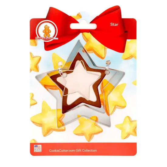 CookieCutter.com Star Cookie Cutter Set 3 Piece, Hang Tag Cookie Recipe Card, Large, Medium, Small, Tin Plate Steel, USA {1}