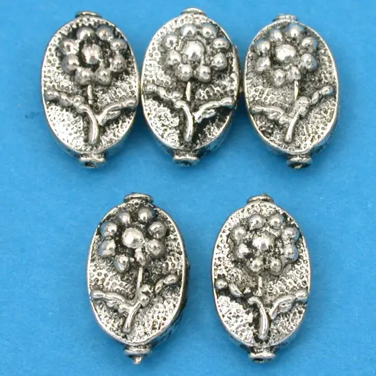 Oval Flower Beads Antique Silver Plated 16mm Approx 5 {1}