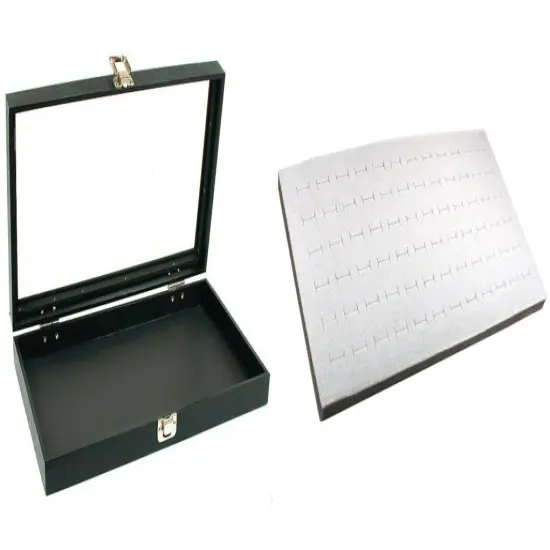 Black Glass Top Jewelry Case w/ 1 Gray 72-slot Foam Pad (Single metal latch) {1}