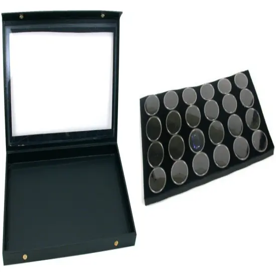 Black Glass Top Jewelry Case (Snap close lid) w/ Black Foam 24 Gem Jar Insert {1}