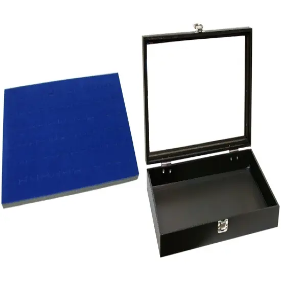 Black Glass-top Jewelry Case (Single metal latch) w/ Blue 72-slot Foam Insert {1}