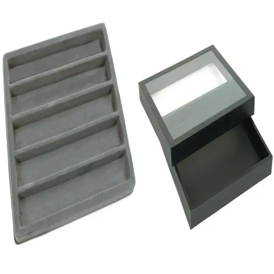 Black Square Display Case (Glass-top Removable Lid) w/ Gray 5-slot Plastic Tray {1}