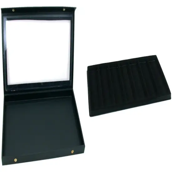 Black Glass Top Jewelry Case (Snap close lid) w/ Black 7-slot Plastic Tray {1}