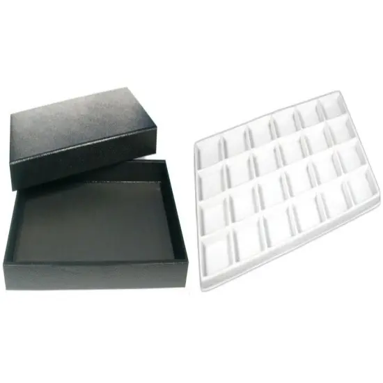 Blck Jewelry Display Case (Removable Magnetic Lid) w/ White 24-slot Plastic Tray {1}