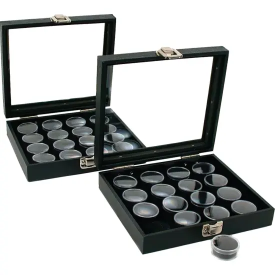32 Gem Jars Black Display Tray Glass Lid Travel Case {1}