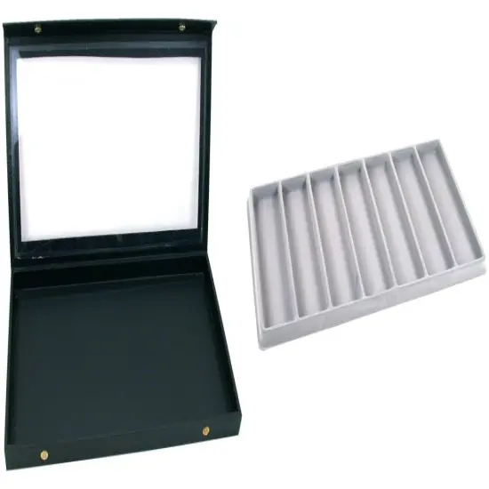 Black Glass Top Jewelry Case (Snap close lid) w/ Gray 7-slot Plastic Tray {1}