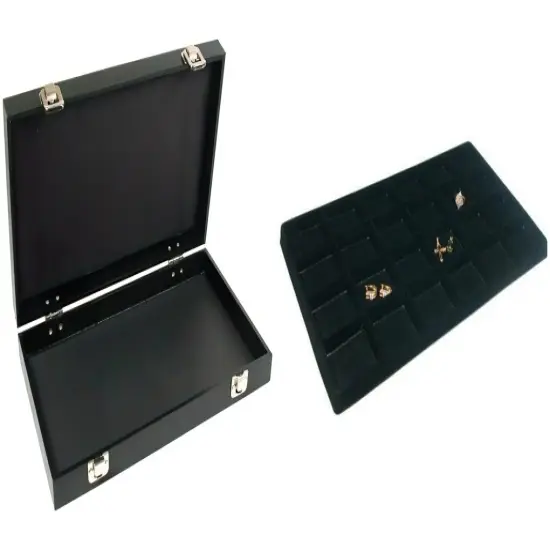 Black Jewelry Case (2xMetal Clasps &Removable Lid) w/ Black 24-slot Plastic Tray {1}