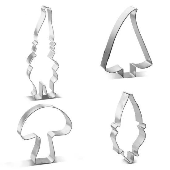 CookieCutter.com Enchanted Woodland Gnome Elf 4 Piece Cookie Cutters Set, Gnome, Dwarf, Mushroom, Tree, Tin Plate Steel, USA {4}