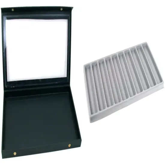Black Glass Top Jewelry Case (Snap close lid) w/ Gray 10-slot Plastic Tray {1}
