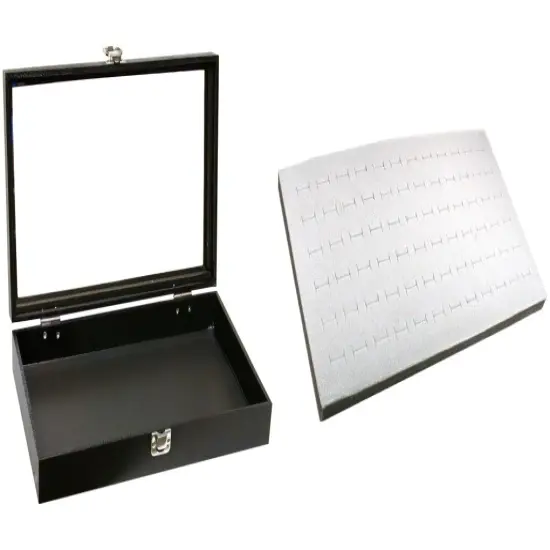 Black Glass-top Jewelry Case (Single metal latch) w/ Gray 72-slot Foam Insert {1}