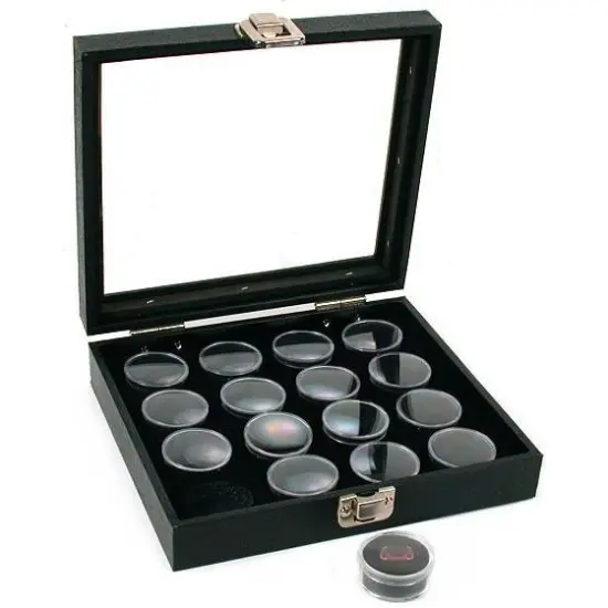 16 Gem Jars Black Display Tray Glass Lid Travel Case {1}