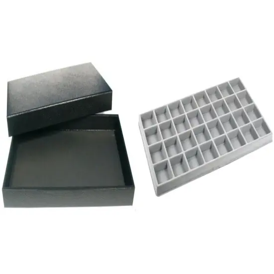 Black Jewelry Display Case (Removable Magnetic Lid) w/ Gray 32-slot Plastic Tray {1}