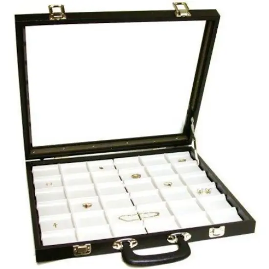 Glass Top Double Pocket Watch Faux Leather Display Case {1}