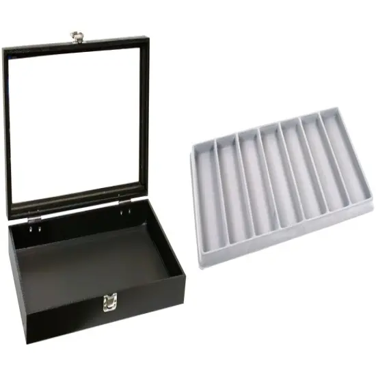 Black Glass-top Jewelry Case (Single metal latch) w/ Gray 7-slot Plastic Tray {1}