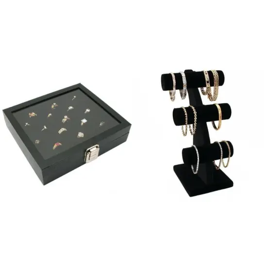 Glass Top Jewelry Case W/ Ring Foam Tray Insert & Velvet 3-Tier T-Bar Kit 3 Pcs {1}