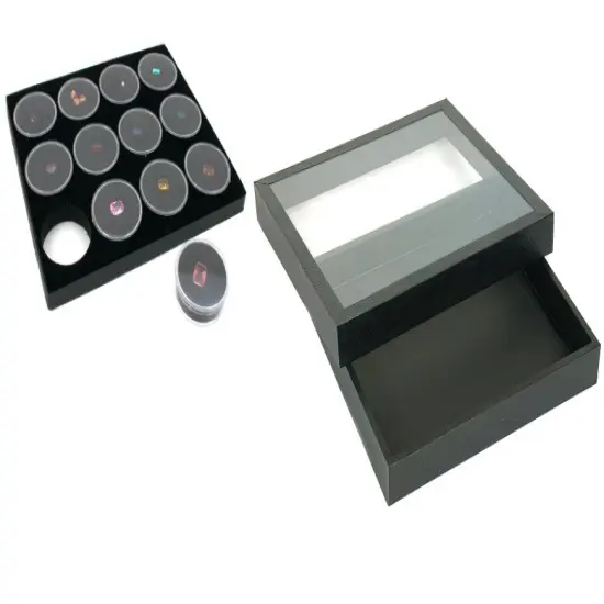 Black Square Case (Glass-top Removable Lid) w/ Black Foam 12 Gem Jar Insert {1}
