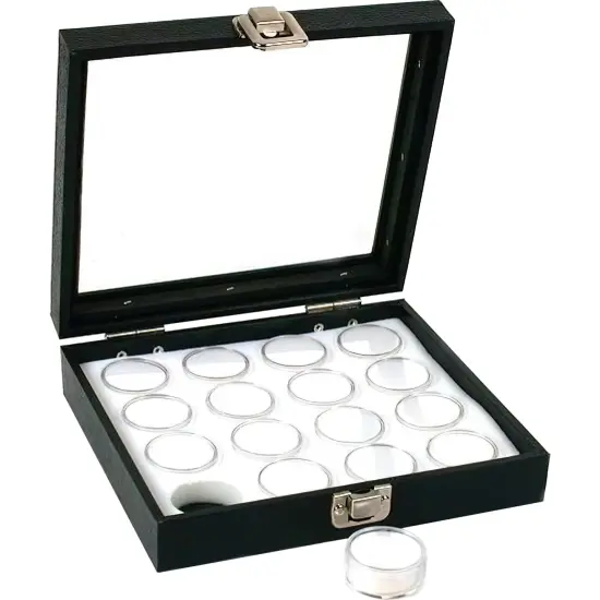 16 Gem Jars White Display Tray Glass Lid Travel Case {1}