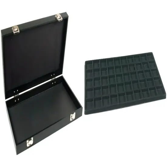 Black Jewelry Case (2xMetal Clasps &Removable Lid) w/ Black 50-slot Plastic Tray {1}