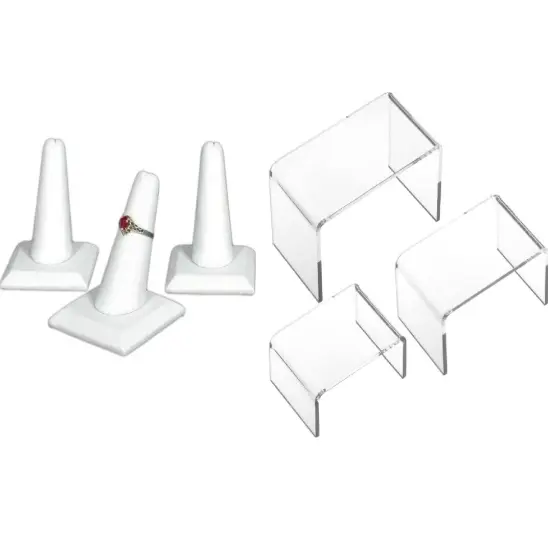 3 White Faux Leather Ring Square Base Finger Displays and 3 Acrylic Jewelry Display Risers {1}