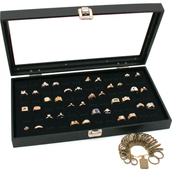 Black Glass Top Jewelry Display 72 Ring Case Box Bonus {1}