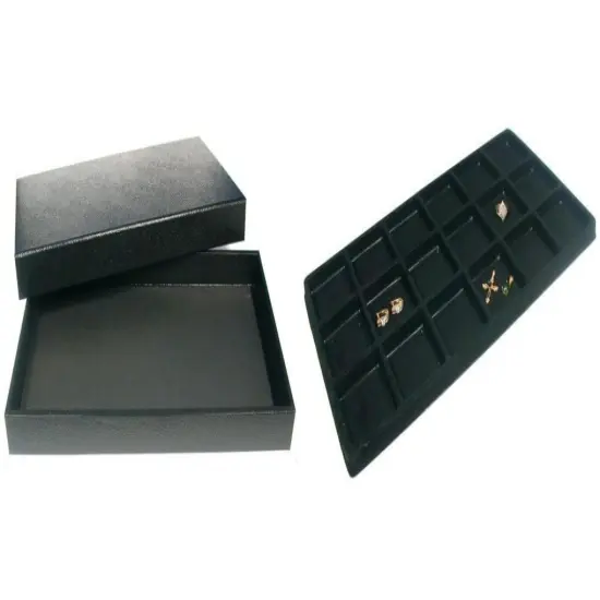 Black Jewelry Display Case (Removable Magnetic Lid) w/ Blck 18-slot Plastic Tray {1}