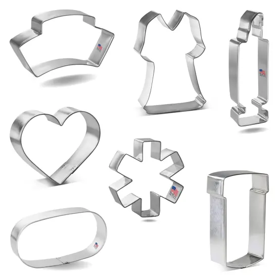CookieCutter.com Nurse Theme 7 Piece Cookie Cutters Set, Scrubs, Hat, Syringe, Pill Bottle, Heart, Star of Life, Tin Plate Steel, USA {4}