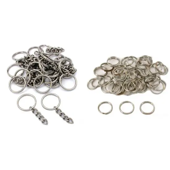 Nickle Plated Split Ring 12mm & Keyring with Chain 28mm Kit 75 Pcs {1}