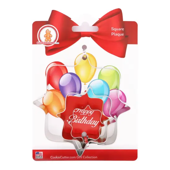 CookieCutter.com Birthday Square Plaque Cookie Cutter Set 3 Piece, Hang Tag Cookie Recipe Card, Large, Medium, Small, Tin Plate Steel, USA {1}
