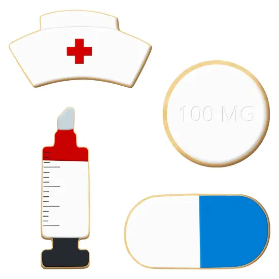 CookieCutter.com Nurse 4 Piece Cookie Cutters Set, Syringe, Hat, Circle Pill, Oval Tablet, Tin Plate Steel, USA {2}