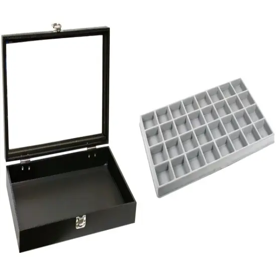 Black Glass-top Jewelry Case (Single metal latch) w/ Gray 32-slot Plastic Tray {1}