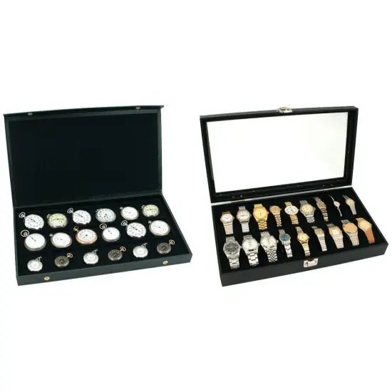 Black Snap Lid Case W/ 18 Slot Insert & Glass Top Watch Bracelet Case Kit 3 Pcs {1}