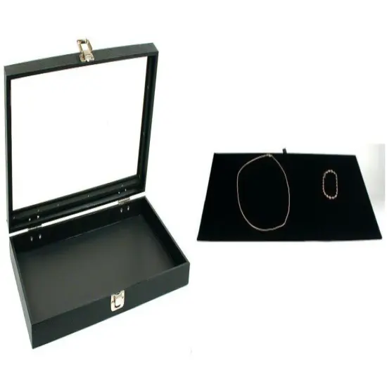 Black Glass Top Jewelry Case w/ Black Velvet Display Insert (Single metal latch) {1}