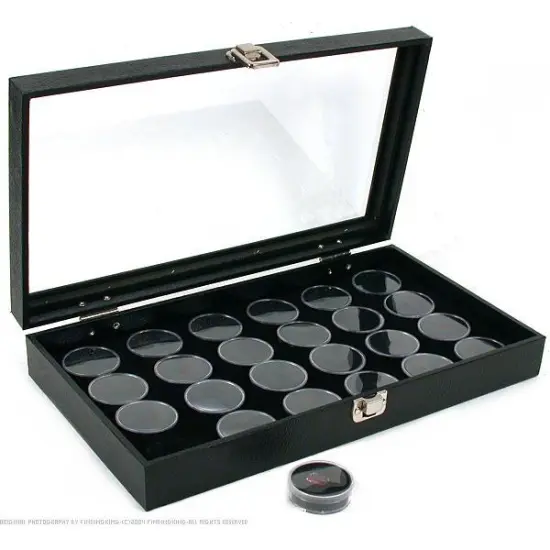 24 Black Gem Jars Display & Glass Top Case {1}
