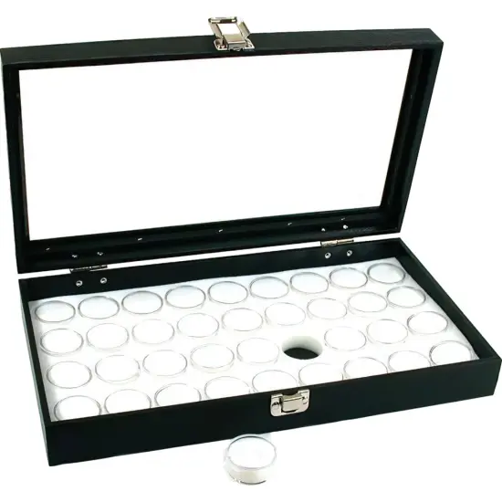36 White Gem Jars & Glass Top Display Tray {1}