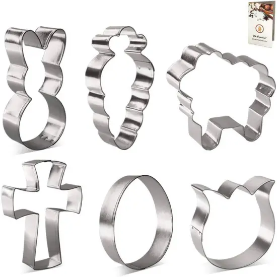 CookieCutter.com Easter 6 Piece Cookie Cutters Set, Easter Bunny, Egg, Carrot, Cross, Sheep, Tulip, Tin Plate Steel, USA {4}