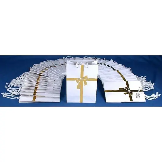 40 Paper Gift Bags Gold Bow White Shopping Tote 6.75" {1}