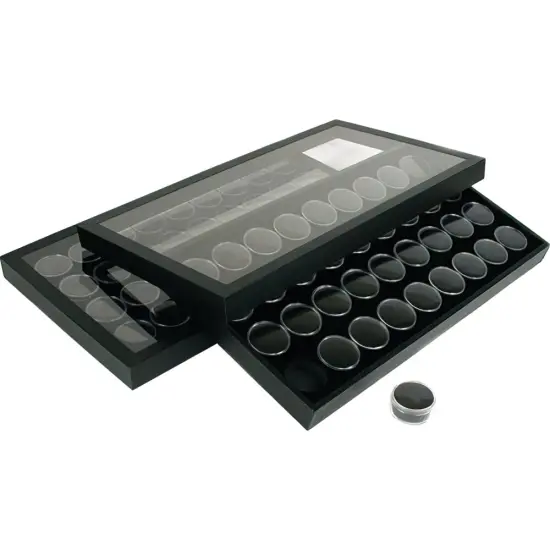 72 Black Gem Jars Display & Acrylic Lid Travel Tray {1}