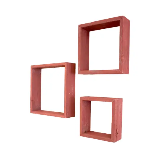 Rustic Farmhouse Reclaimed Wooden Open Square Wall Shelves (Set of 3) Red {1}