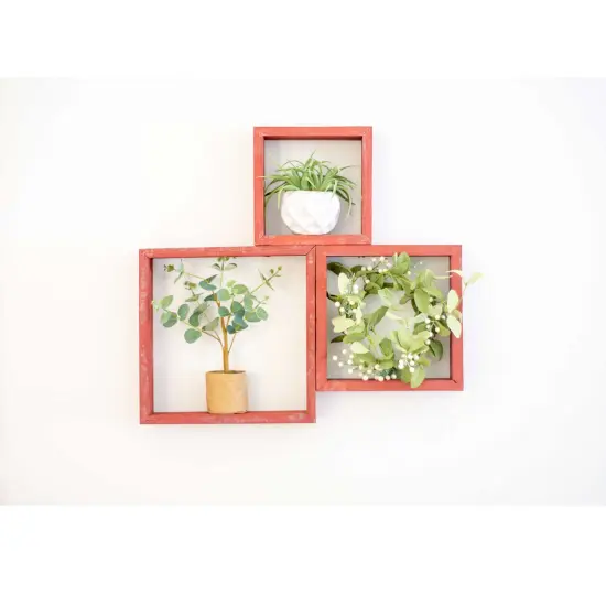 Rustic Farmhouse Reclaimed Wooden Open Square Wall Shelves (Set of 3) Red {4}