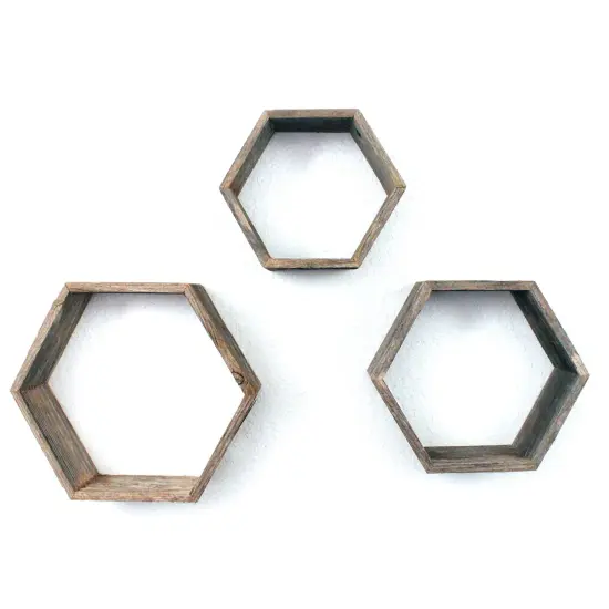Rustic Farmhouse Floating Reclaimed Wood Hexagon Shelves (Set of 3) Grey {1}