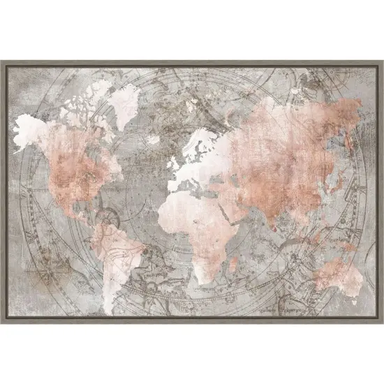 Celestial World Map (Pink) by Isabelle Z 23-in. W x 16-in. H. Canvas Wall Art Print Framed in Grey {1}