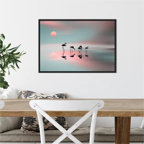 Family flamingos by Natalia Baras 23-in. W x 16-in. H. Canvas Wall Art Print Framed in Black {5}