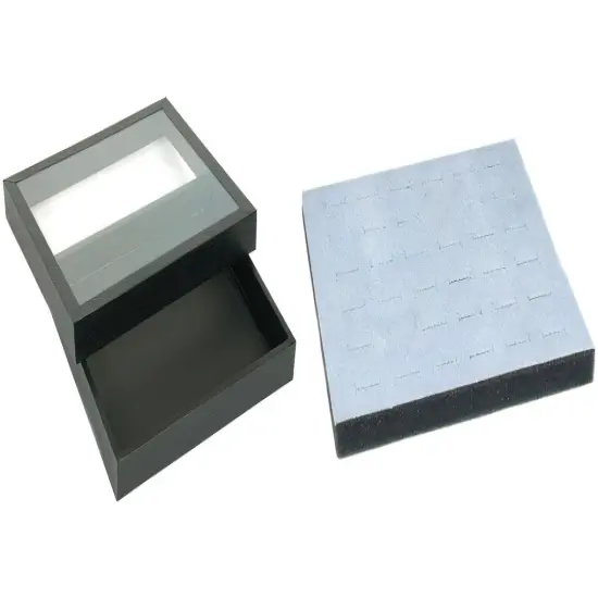 Black Square Display Case (Glass-top Removable Lid) w/ Gray 36-slot Foam Insert {1}