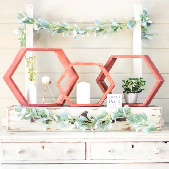 Rustic Farmhouse Floating Reclaimed Wood Hexagon Shelves (Set of 3) Red {2}