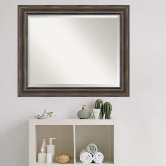 Beveled Wood Bathroom Wall Mirror, Rustic Pine Frame {7}