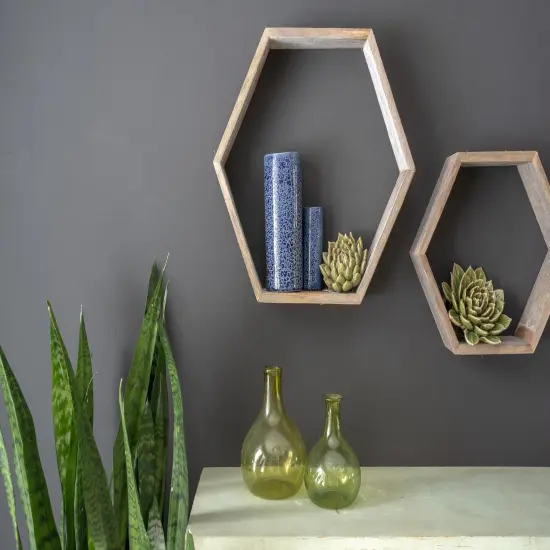Rustic Farmhouse Floating Reclaimed Wood Hexagon Shelves (Set of 3) Grey {4}