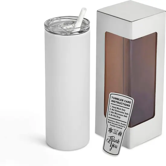 makerflo 20 oz Skinny Powder Coated Tumbler, Stainless Steel Insulated Travel Tumbler Mug with Splash Proof Lid & Straw, for Tea, Wine, Water, Hot Cold Drink, For Personalized DIY Gifts White {1}