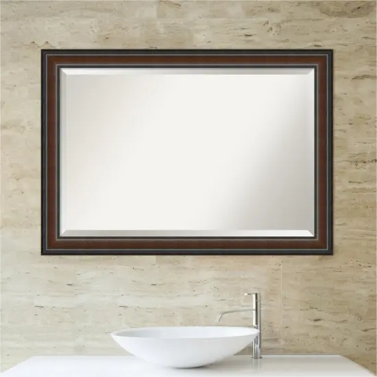 Beveled Wood Bathroom Wall Mirror, Cyprus Walnut Narrow Frame {4}